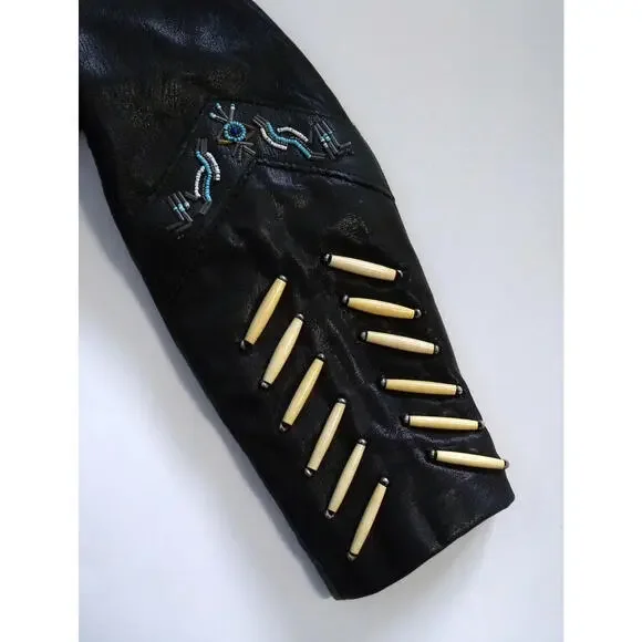 A. M. Bernardo Women's Black Leather Beaded Fringe Hippie Motorcycle Jacket XS - Picture 6 of 9